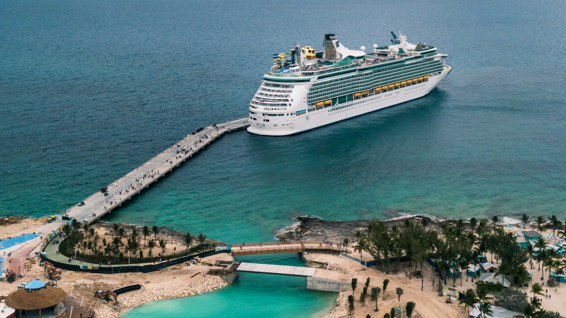 Royal Caribbean ship docked at a Bahamas private-island pier